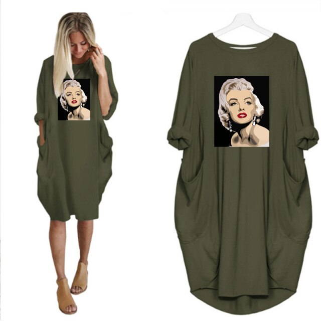 Spring Autumn Midi Dress Marilyn Monroe Printed Dresses for Women 2021 Long Sleeve Vintage Casual Loose Tshirt Vestido De Mujer