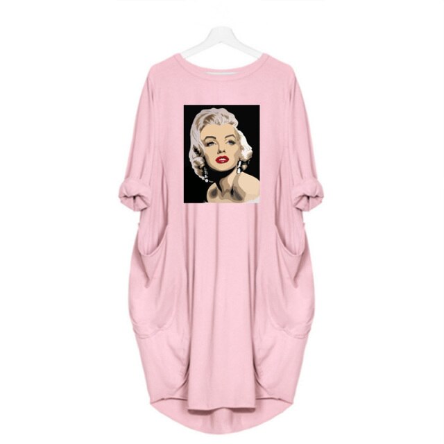 Spring Autumn Midi Dress Marilyn Monroe Printed Dresses for Women 2021 Long Sleeve Vintage Casual Loose Tshirt Vestido De Mujer